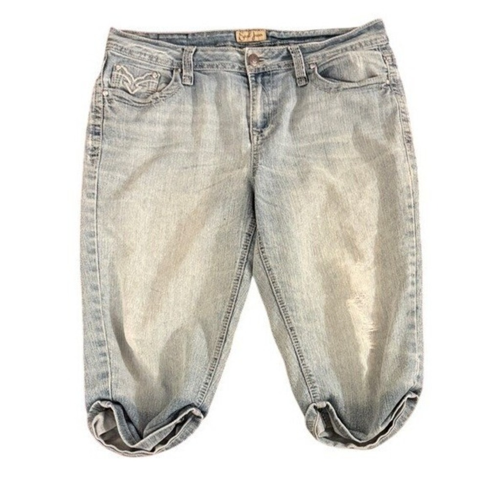 Earl Jean Capris Women 12 Light Wash Blue Embroidered Flap Pocket Stretch